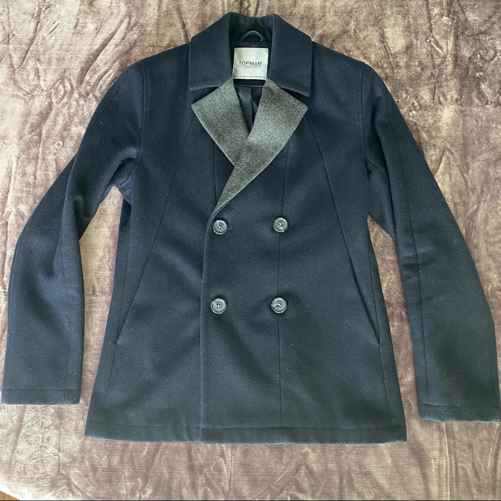 TopMan Navy Blue Pea Coat with Gray Trim